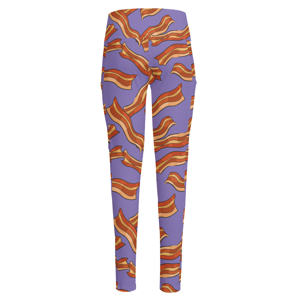 Purple Bacon Pattern Print High-Waisted Pocket Leggings