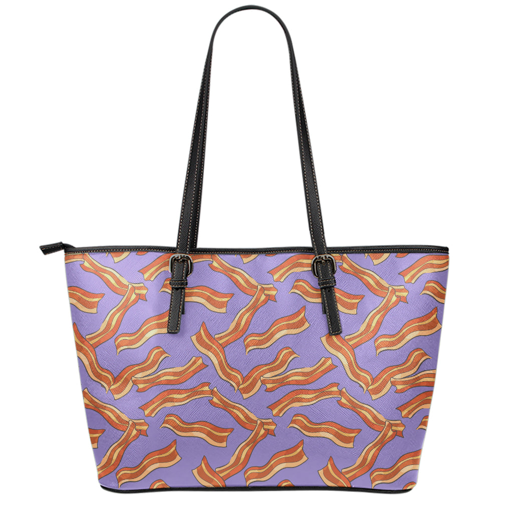 Purple Bacon Pattern Print Leather Tote Bag