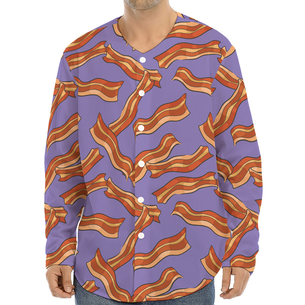 Purple Bacon Pattern Print Long Sleeve Baseball Jersey