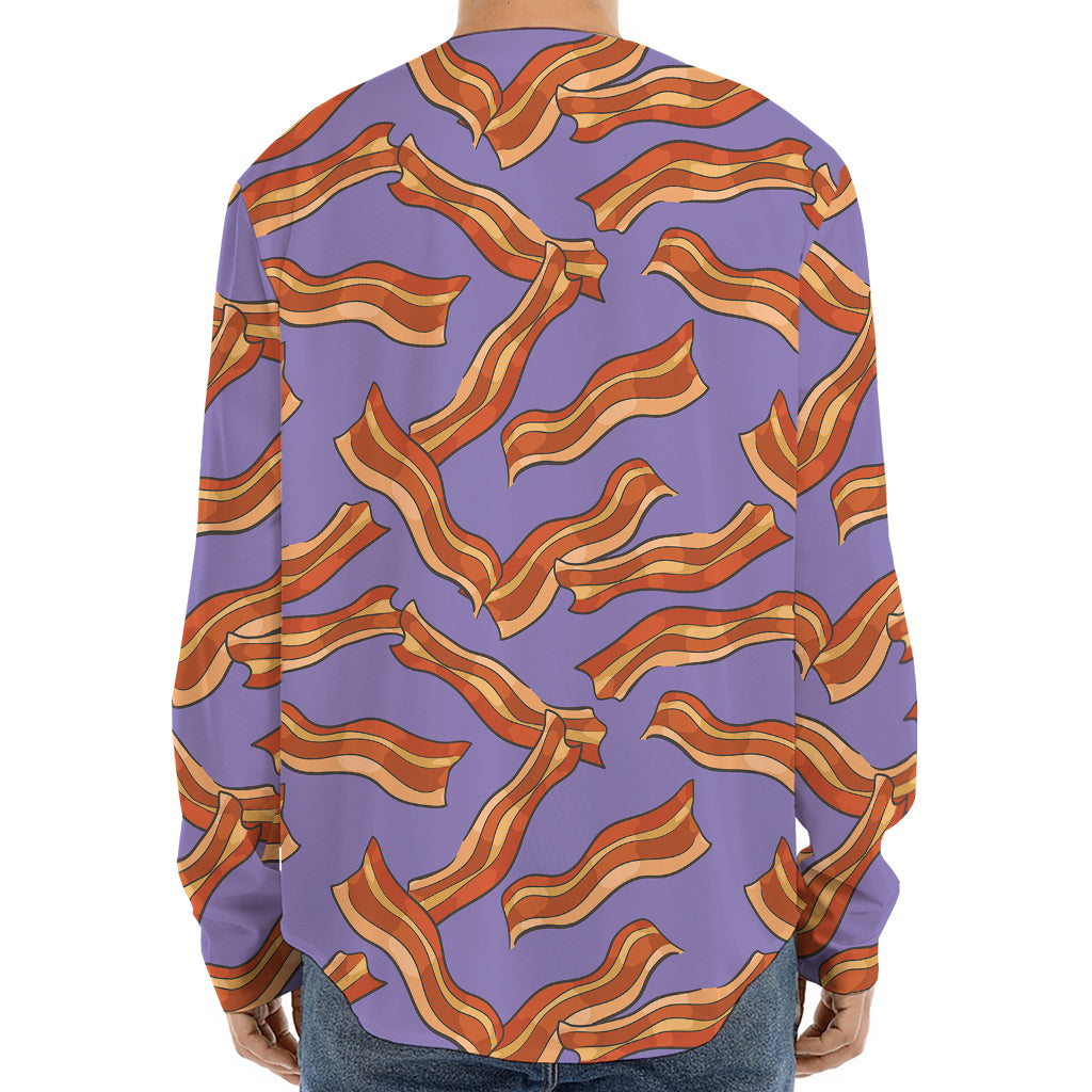 Purple Bacon Pattern Print Long Sleeve Baseball Jersey