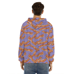 Purple Bacon Pattern Print Men's Velvet Pullover Hoodie