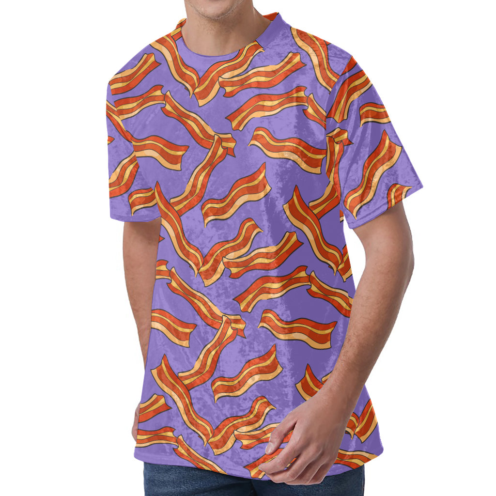 Purple Bacon Pattern Print Men's Velvet T-Shirt