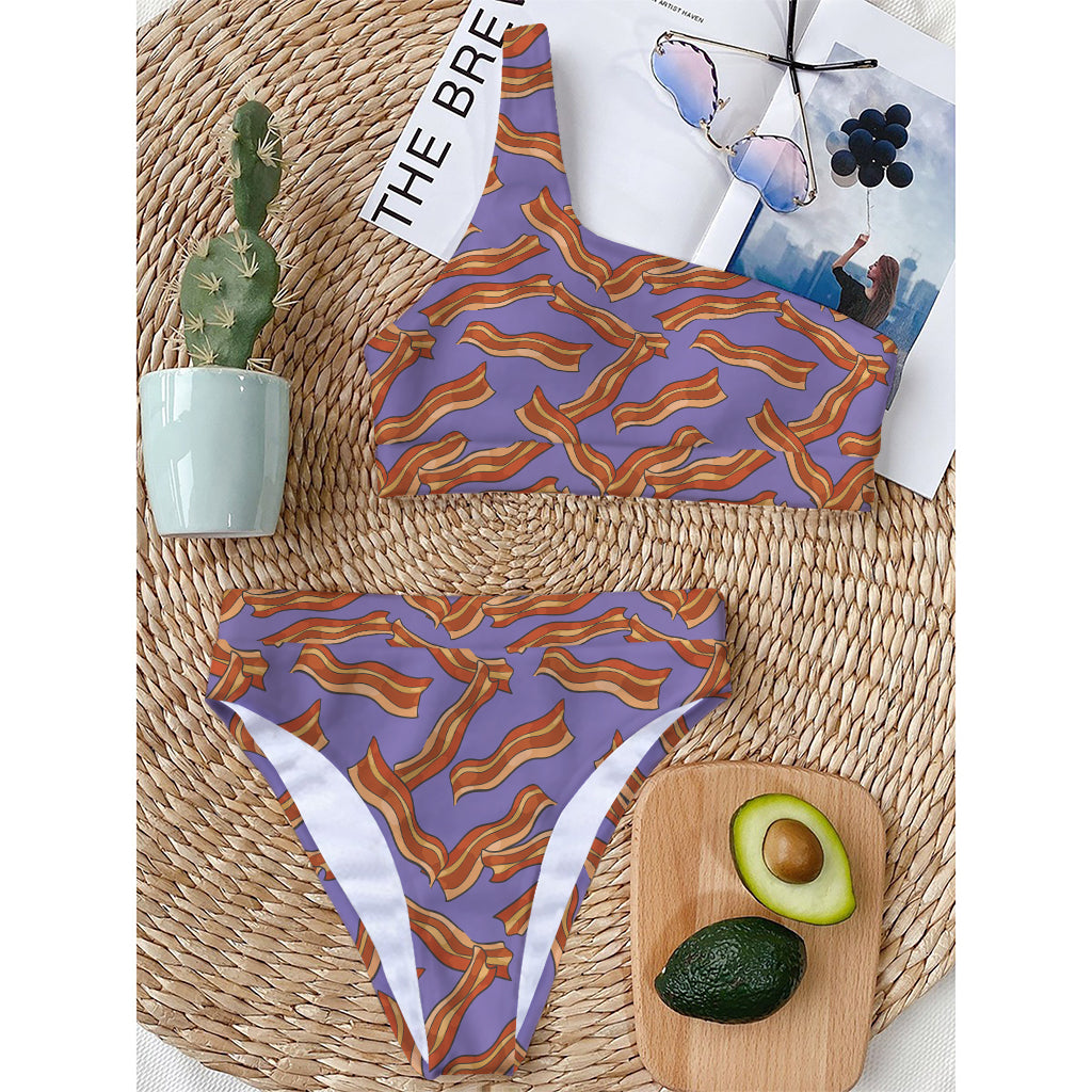 Purple Bacon Pattern Print One Shoulder Bikini Top