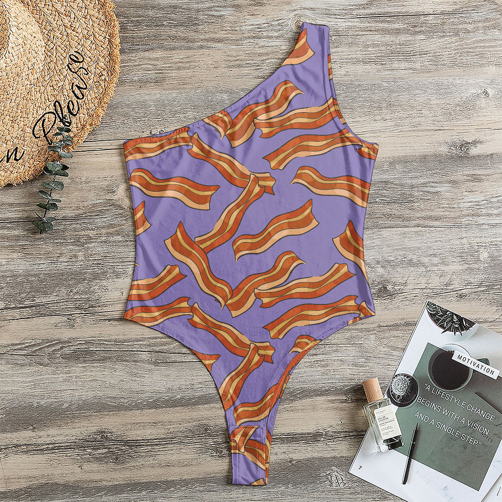 Purple Bacon Pattern Print One Shoulder Bodysuit