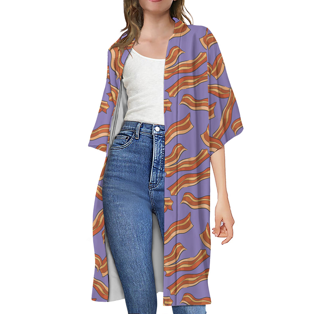 Purple Bacon Pattern Print Open Front Beach Cover Up