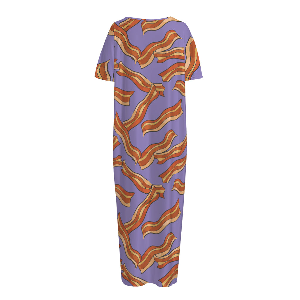 Purple Bacon Pattern Print Short Sleeve Long Nightdress