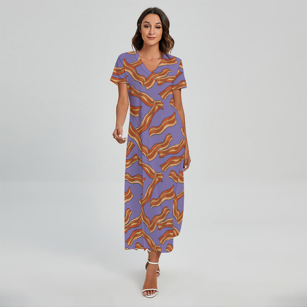 Purple Bacon Pattern Print Short Sleeve Maxi Dress