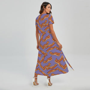 Purple Bacon Pattern Print Short Sleeve Maxi Dress