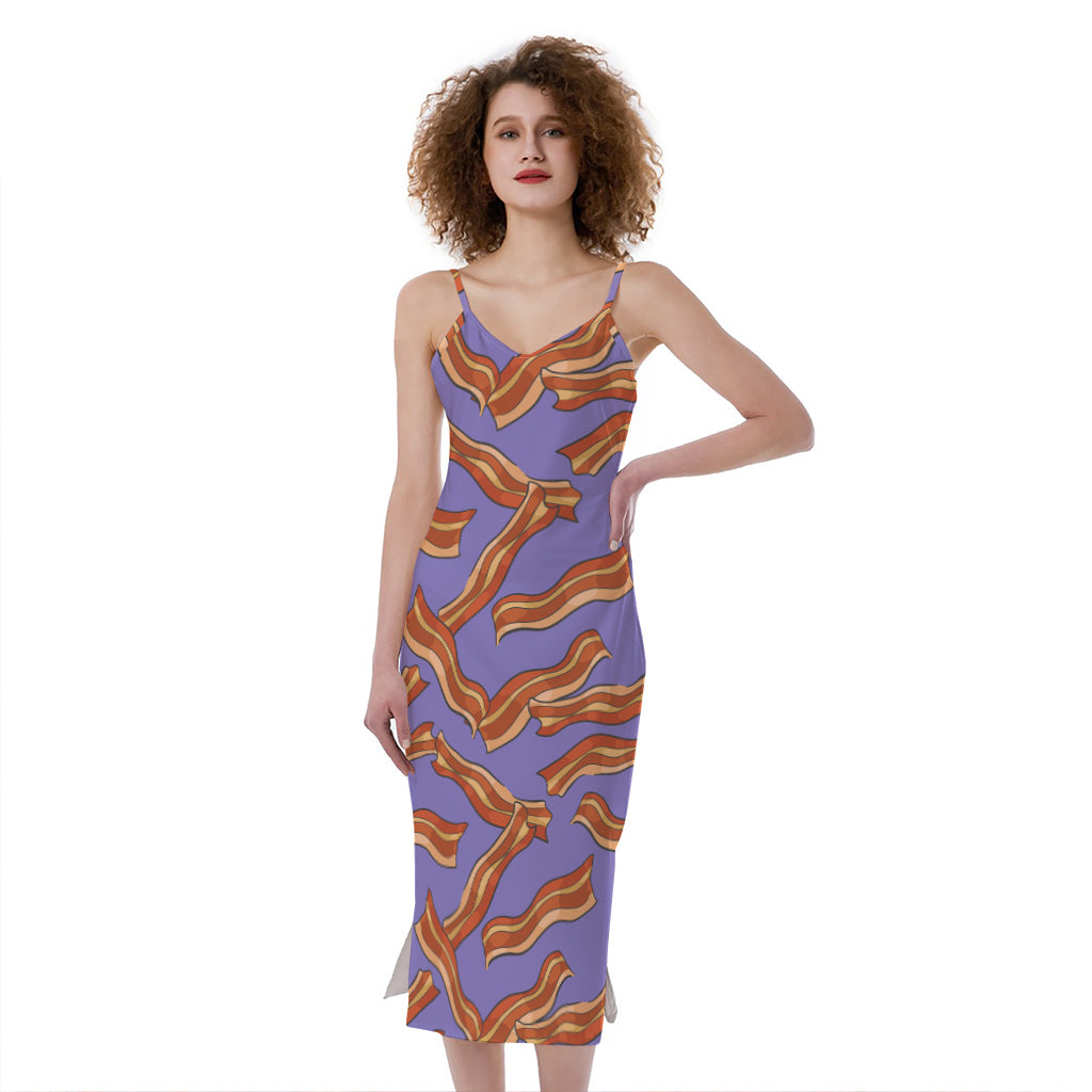 Purple Bacon Pattern Print Slim Fit Midi Cami Dress