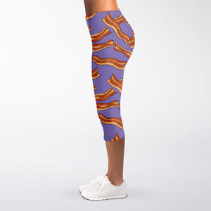 Purple Bacon Pattern Print Women's Capri Leggings