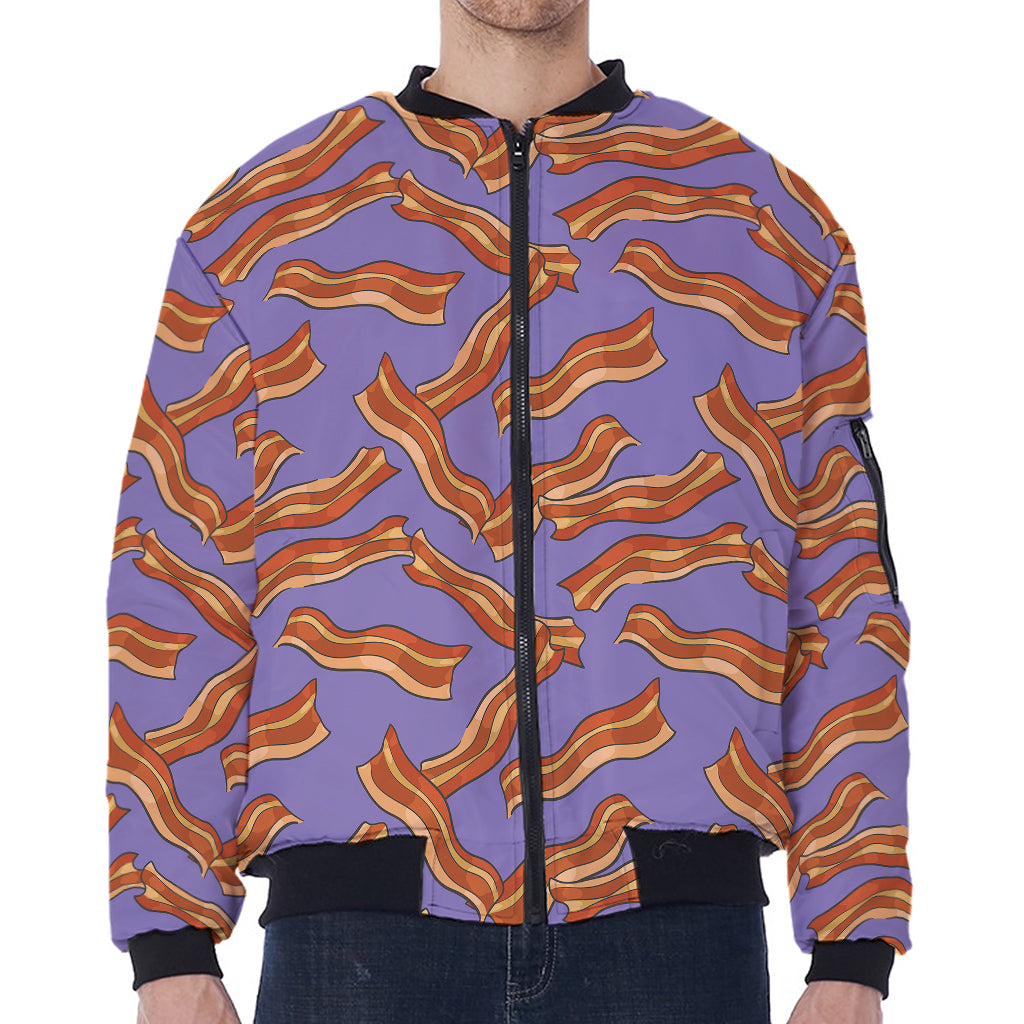 Purple Bacon Pattern Print Zip Sleeve Bomber Jacket