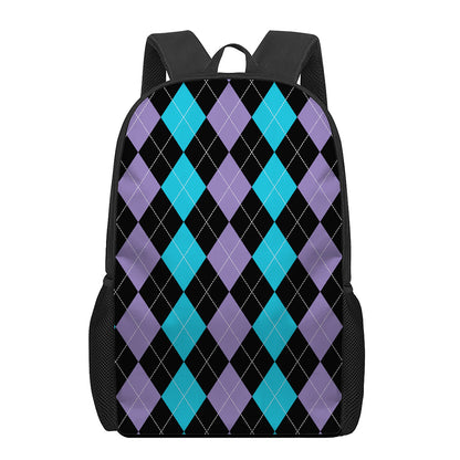 Purple Black And Blue Argyle Print 17 Inch Backpack