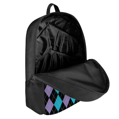Purple Black And Blue Argyle Print 17 Inch Backpack