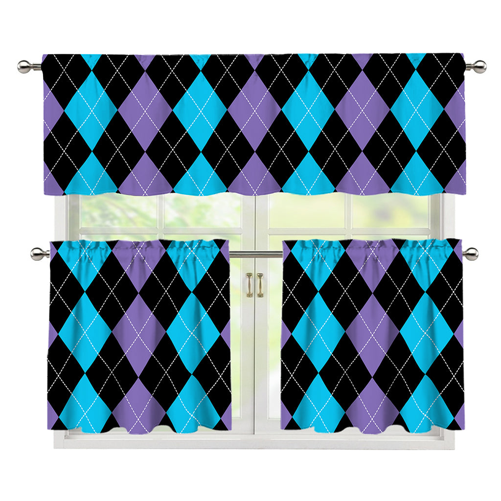 Purple Black And Blue Argyle Print 3 Piece Kitchen Curtains