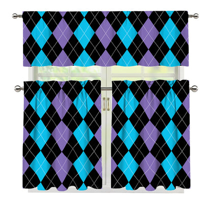 Purple Black And Blue Argyle Print 3 Piece Kitchen Curtains