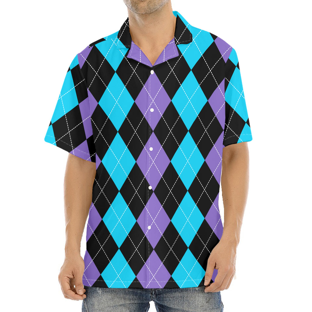 Purple Black And Blue Argyle Print Aloha Shirt