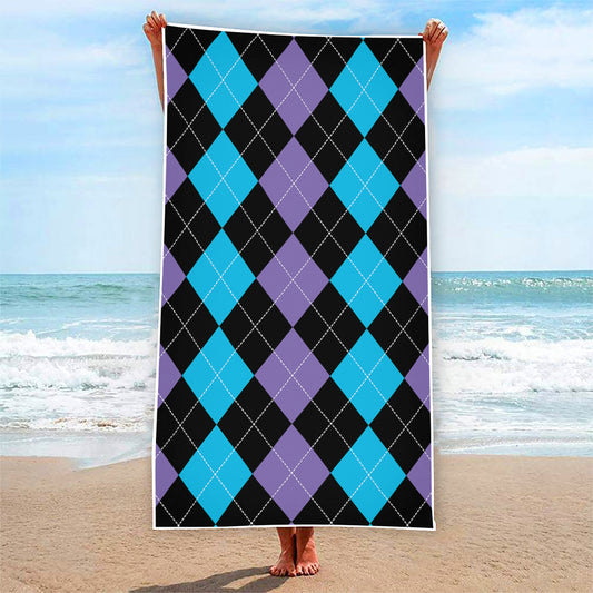 Purple Black And Blue Argyle Print Beach Towel