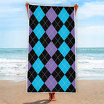 Purple Black And Blue Argyle Print Beach Towel