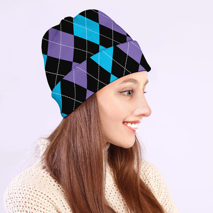 Purple Black And Blue Argyle Print Beanie