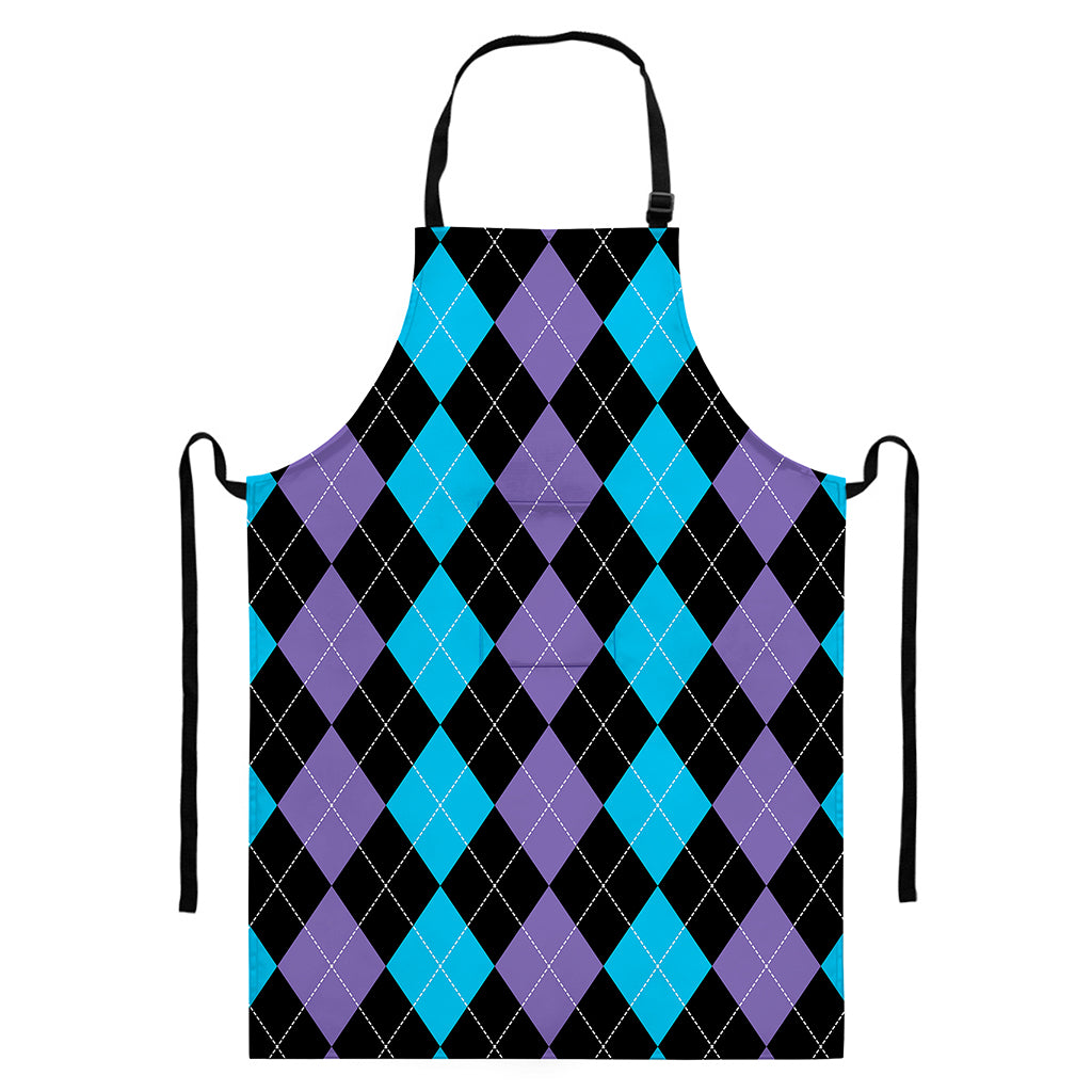Purple Black And Blue Argyle Print Bib Apron With Pocket