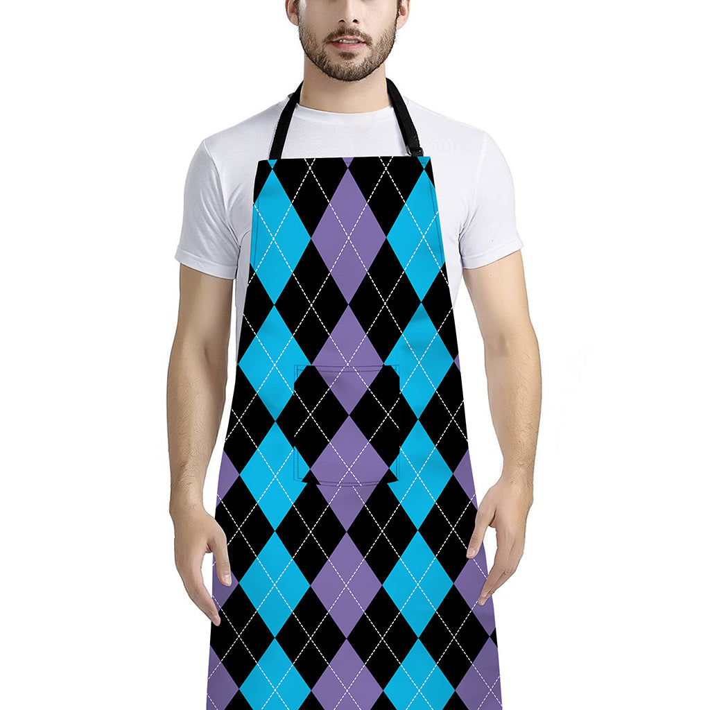 Purple Black And Blue Argyle Print Bib Apron With Pocket