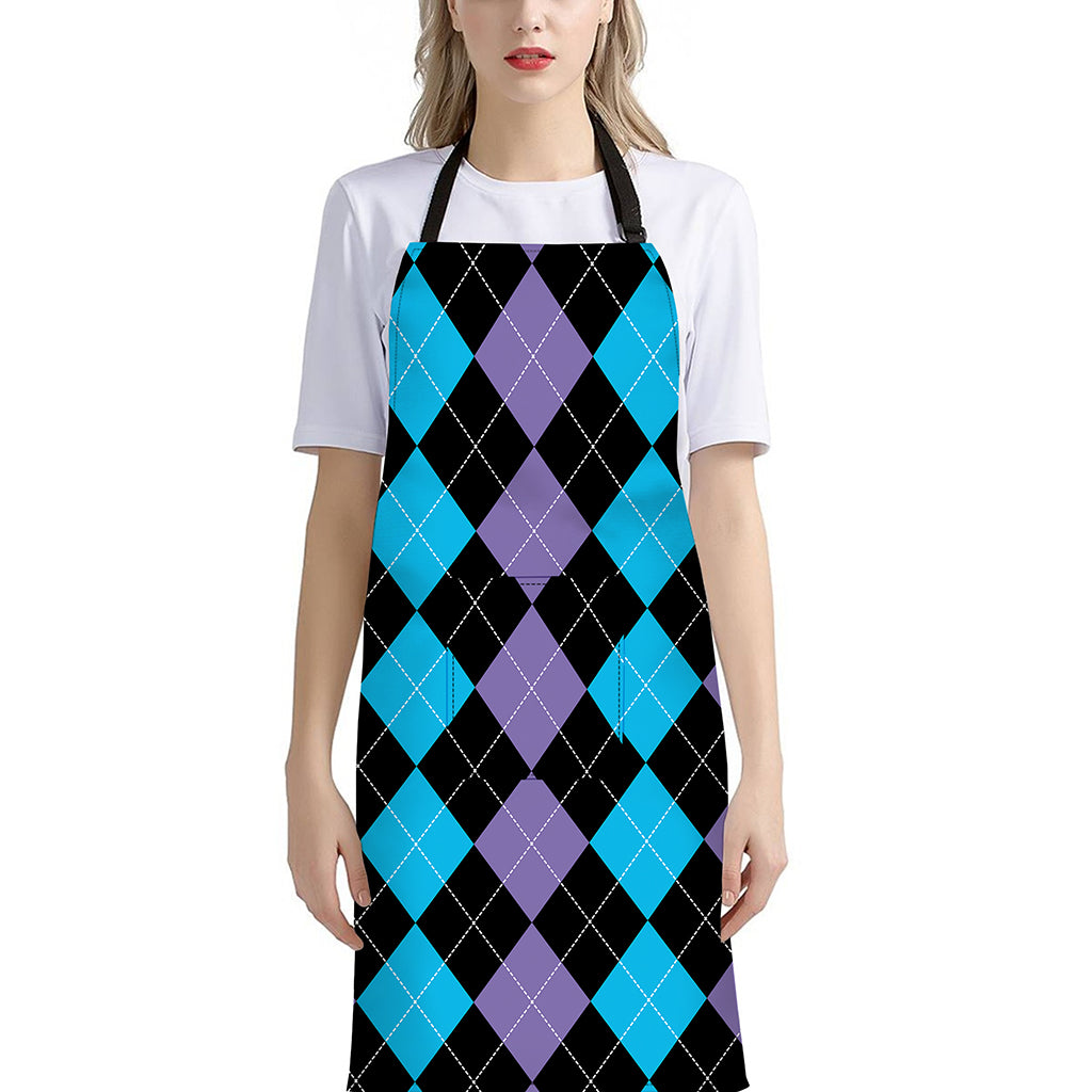 Purple Black And Blue Argyle Print Bib Apron With Pocket