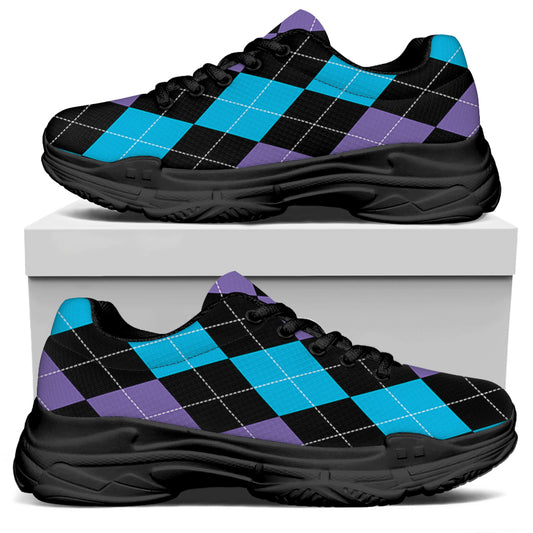 Purple Black And Blue Argyle Print Black Chunky Shoes