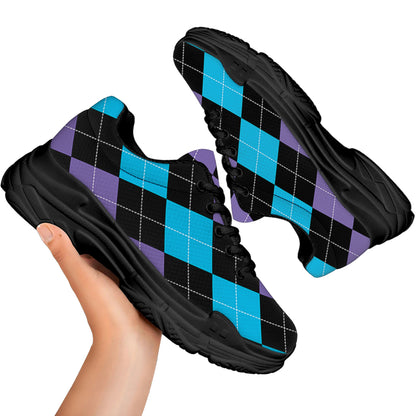Purple Black And Blue Argyle Print Black Chunky Shoes