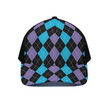 Purple Black And Blue Argyle Print Black Mesh Trucker Cap