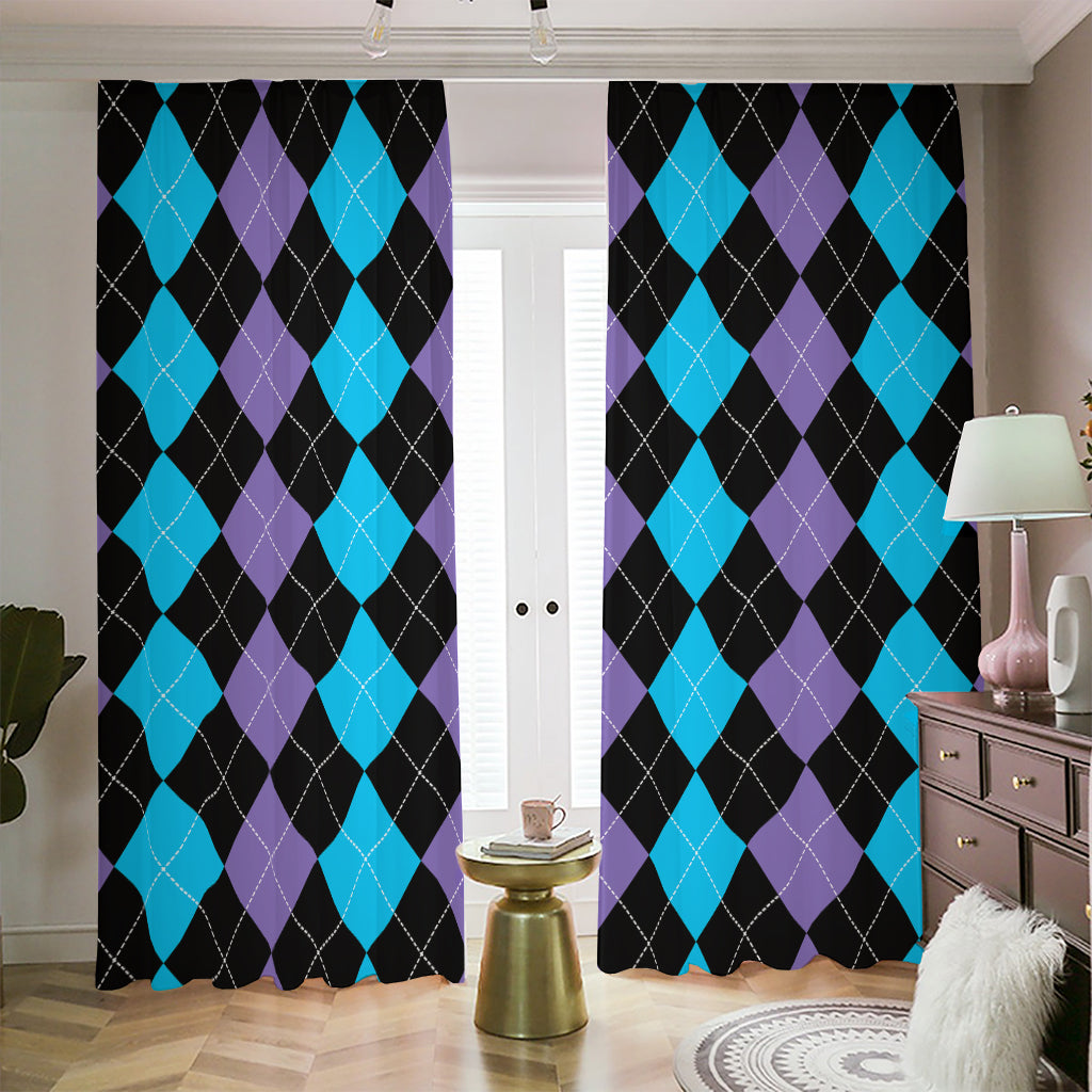 Purple Black And Blue Argyle Print Blackout Pencil Pleat Curtains