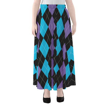 Purple Black And Blue Argyle Print Chiffon Maxi Skirt