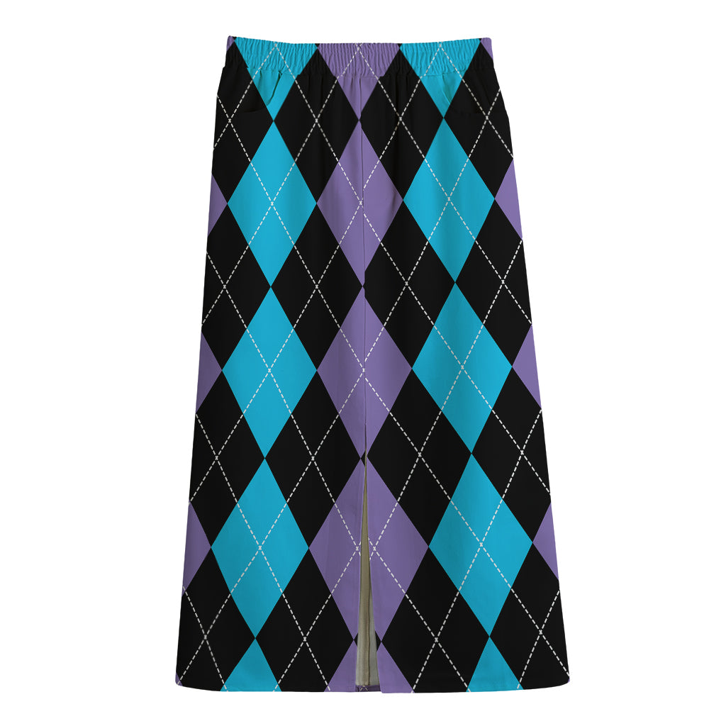 Purple Black And Blue Argyle Print Cotton Front Slit Maxi Skirt