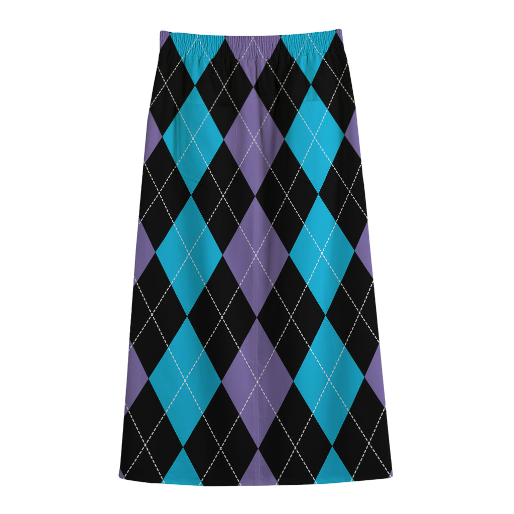 Purple Black And Blue Argyle Print Cotton Front Slit Maxi Skirt