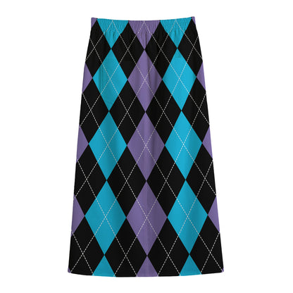 Purple Black And Blue Argyle Print Cotton Front Slit Maxi Skirt