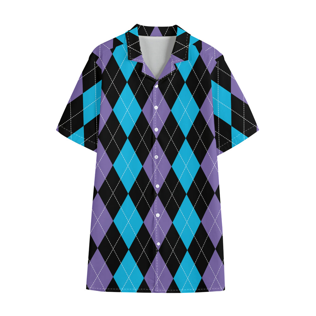Purple Black And Blue Argyle Print Cotton Hawaiian Shirt