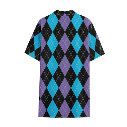 Purple Black And Blue Argyle Print Cotton Hawaiian Shirt
