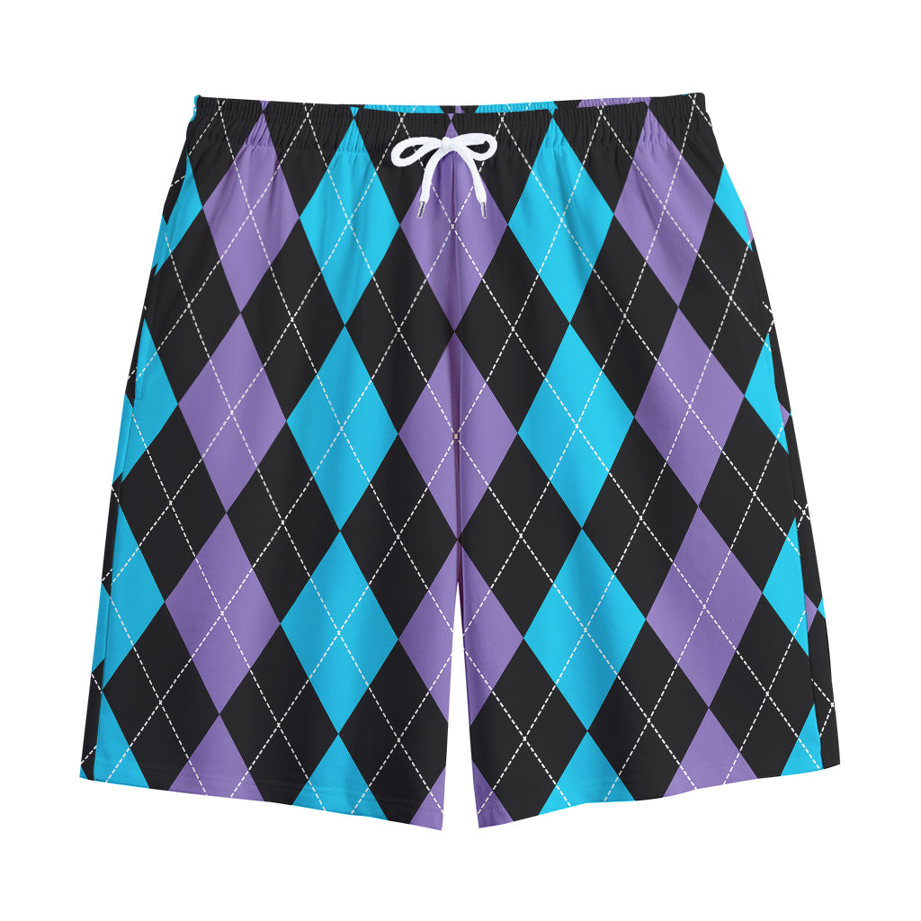 Purple Black And Blue Argyle Print Cotton Shorts