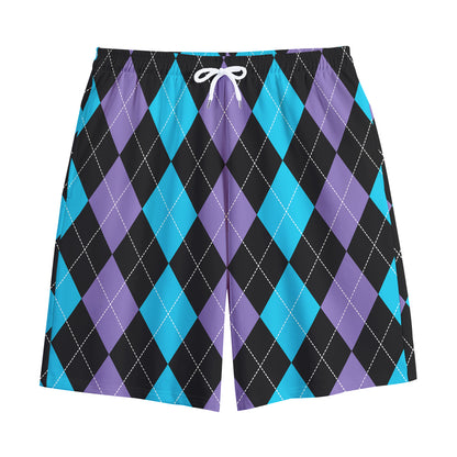Purple Black And Blue Argyle Print Cotton Shorts