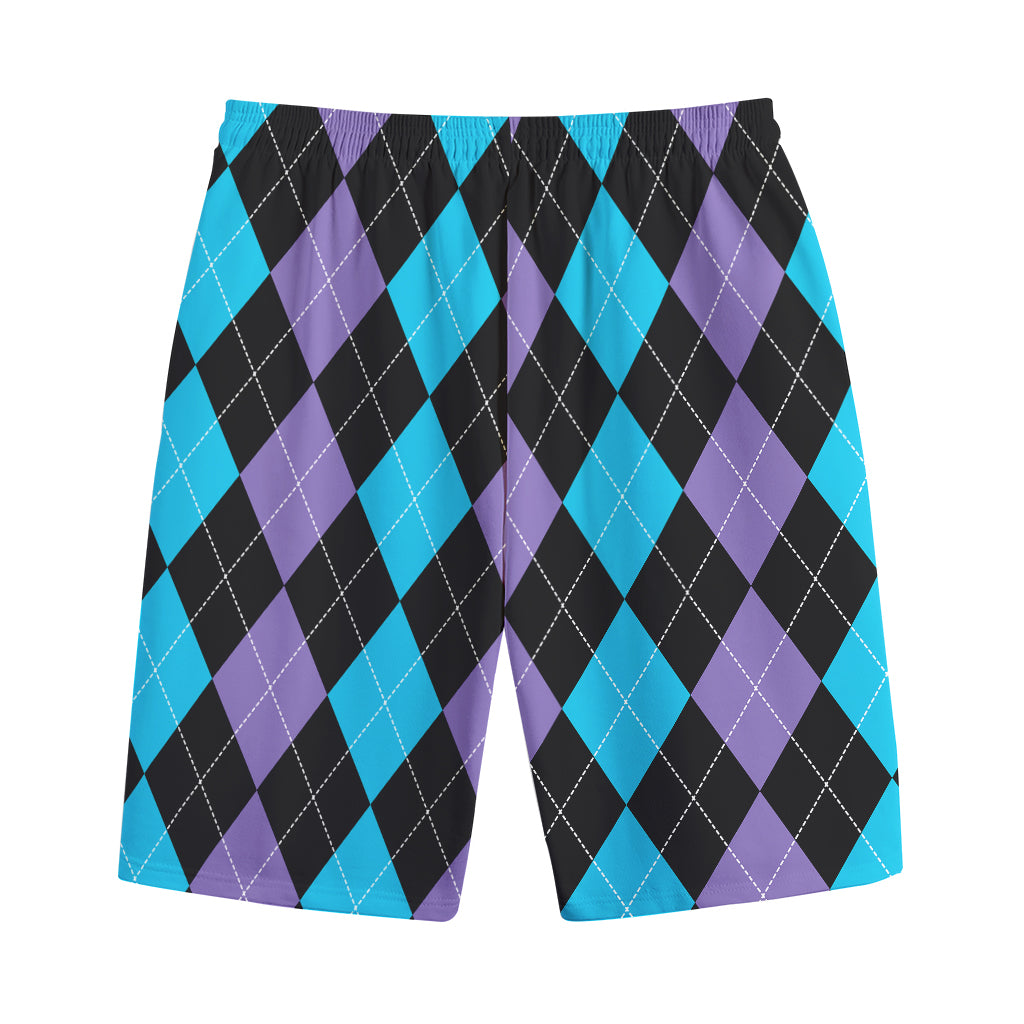 Purple Black And Blue Argyle Print Cotton Shorts