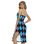 Purple Black And Blue Argyle Print Cross Back Cami Dress