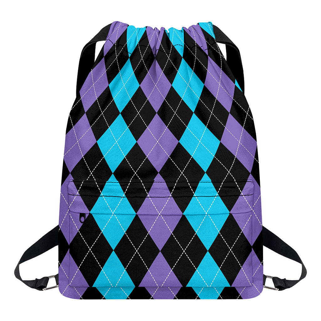Purple Black And Blue Argyle Print Drawstring Backpack