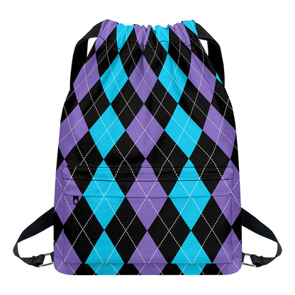 Purple Black And Blue Argyle Print Drawstring Backpack