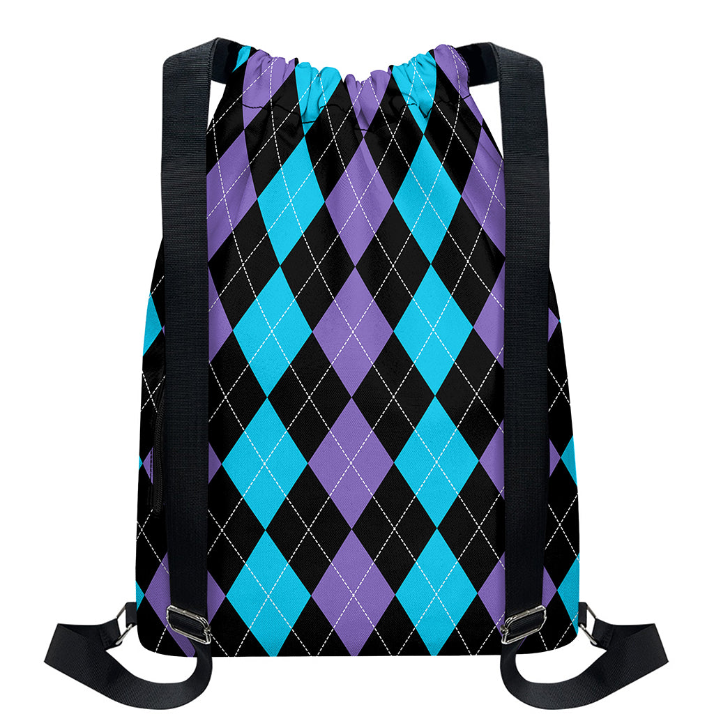 Purple Black And Blue Argyle Print Drawstring Backpack