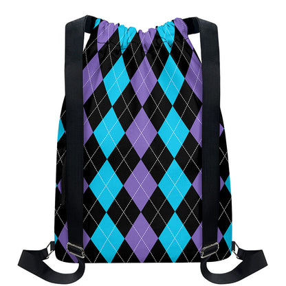 Purple Black And Blue Argyle Print Drawstring Backpack