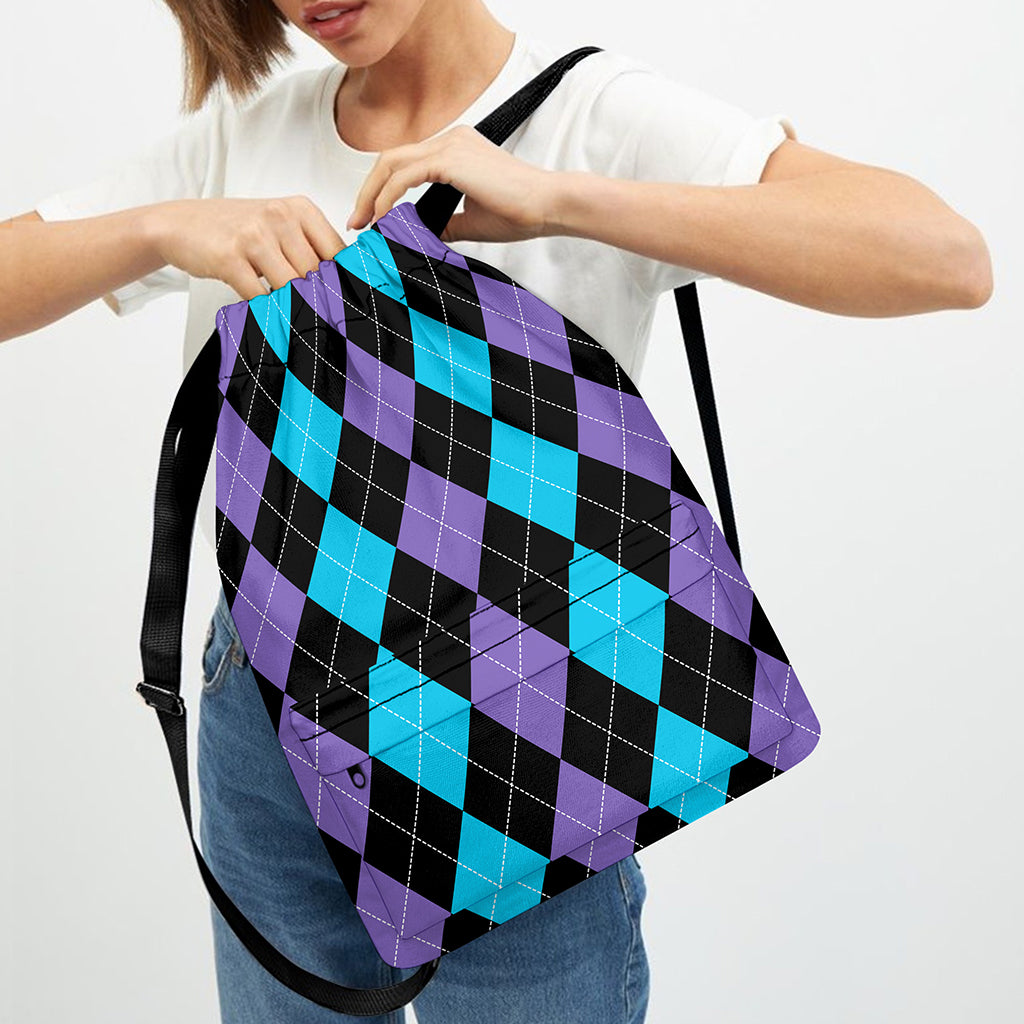 Purple Black And Blue Argyle Print Drawstring Backpack