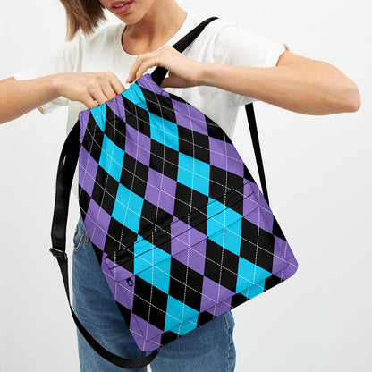 Purple Black And Blue Argyle Print Drawstring Backpack