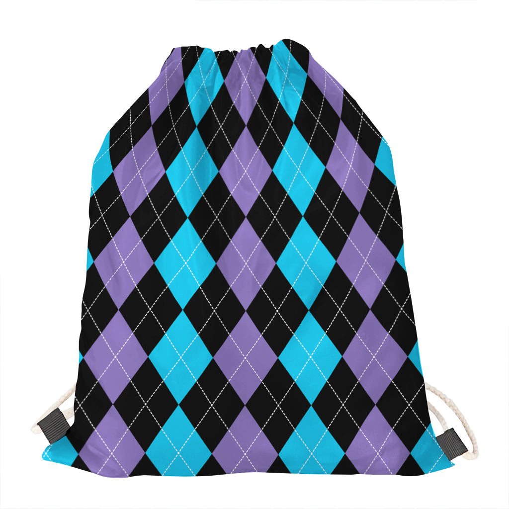 Purple Black And Blue Argyle Print Drawstring Bag