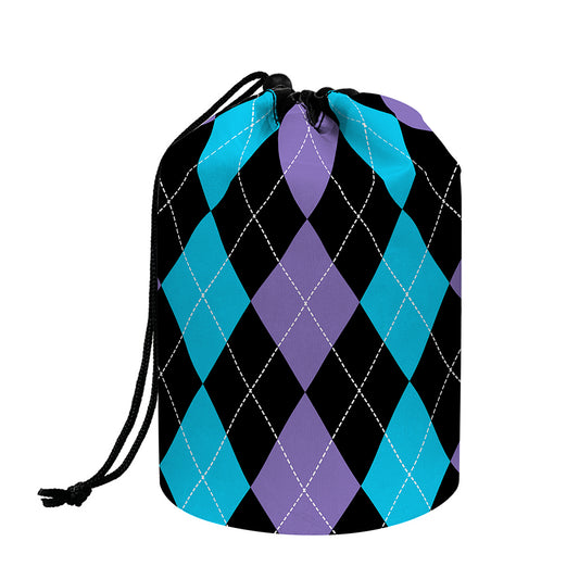 Purple Black And Blue Argyle Print Drawstring Makeup Bag