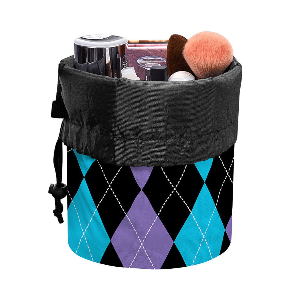 Purple Black And Blue Argyle Print Drawstring Makeup Bag