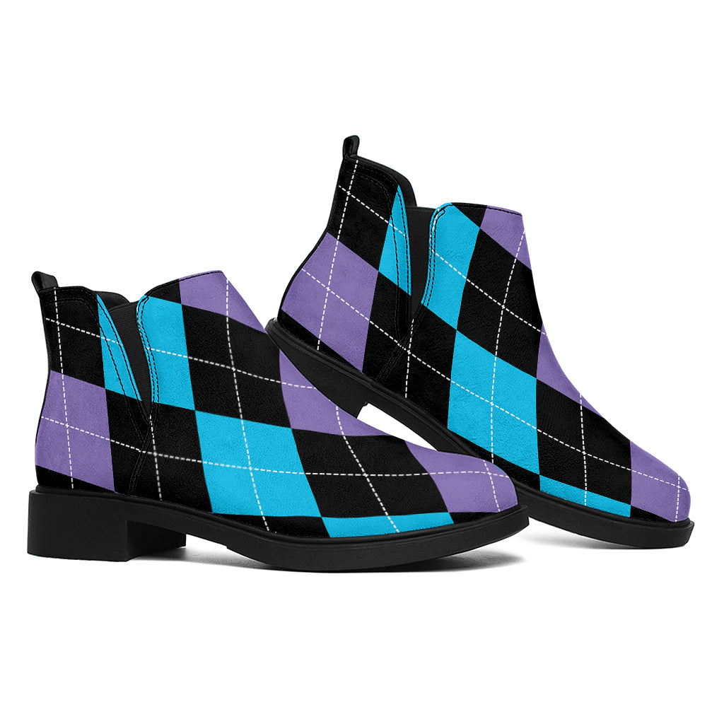 Purple Black And Blue Argyle Print Flat Ankle Boots